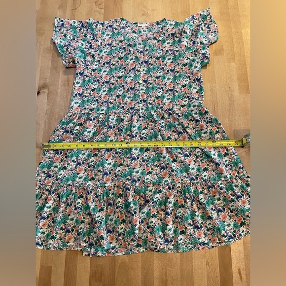 JODIFL Floral Teal/Pink Short Flutter Sleeve Dress Button Front Tiered Small - Picture 9 of 11